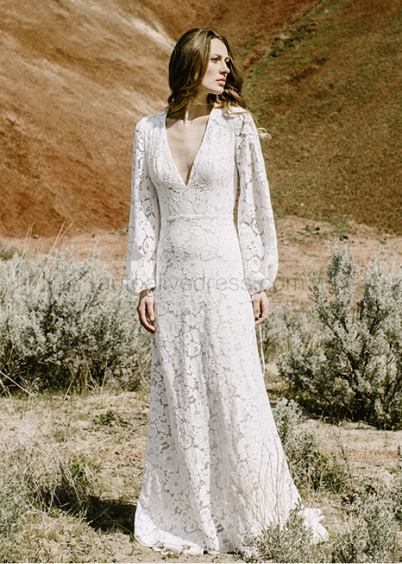 Long Sleeve Ivory Lace Cutout Back Wedding Dress